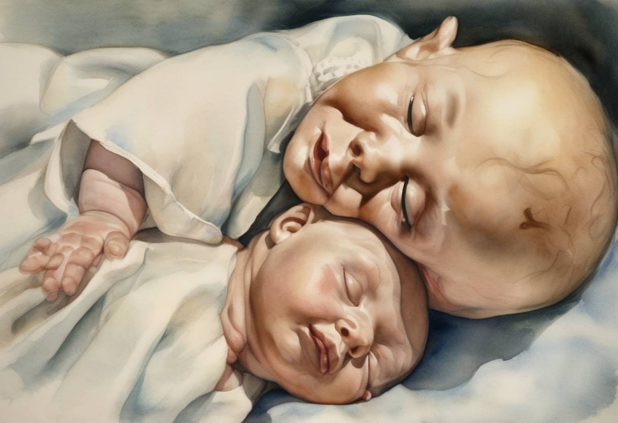 Watercolor painting based depiction of The first known successful separation of conjoined twins joined at the head, executed by a team led by neurosurgeon Dr. Harold Voris at Mercy Hospital in Chicago. (1952)