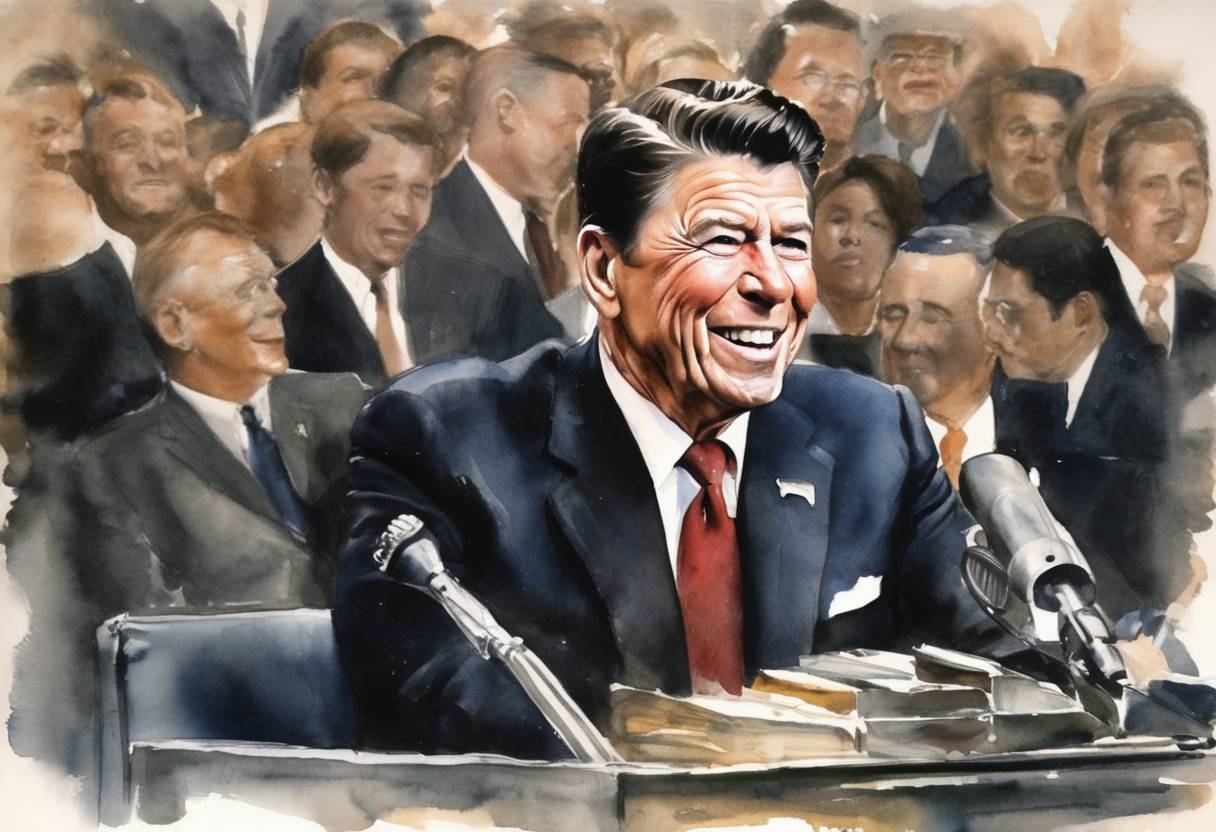 Watercolor painting based depiction of Ronald Reagan gave his famous 'A Time for Choosing' speech which significantly boosted his political profile and laid the foundation for his future political career, including two terms as President of the United States. (1964)