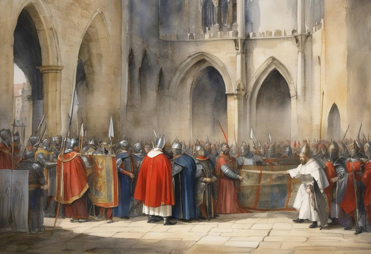 Watercolor painting based depiction of Pope Clement V issued the Papal bull Vox in excelso, formally dissolving the Knights Templar amidst pressure from King Philip IV of France, who sought their wealth and power. (1312)