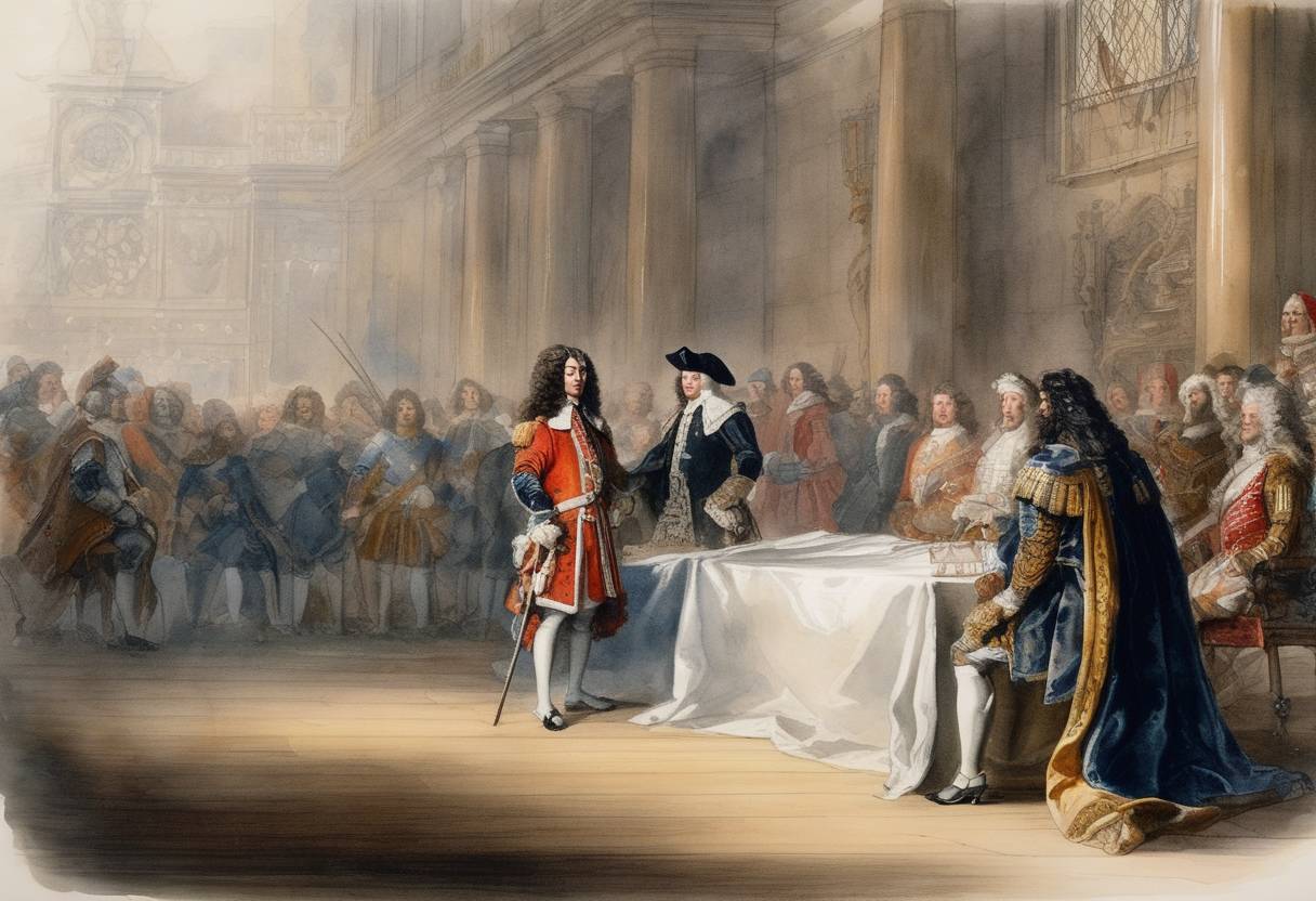 Watercolor painting based depiction of King Charles II of England dissolves the Cavalier Parliament after 18 years of rule, marking a significant event in the political history of England. (1679)