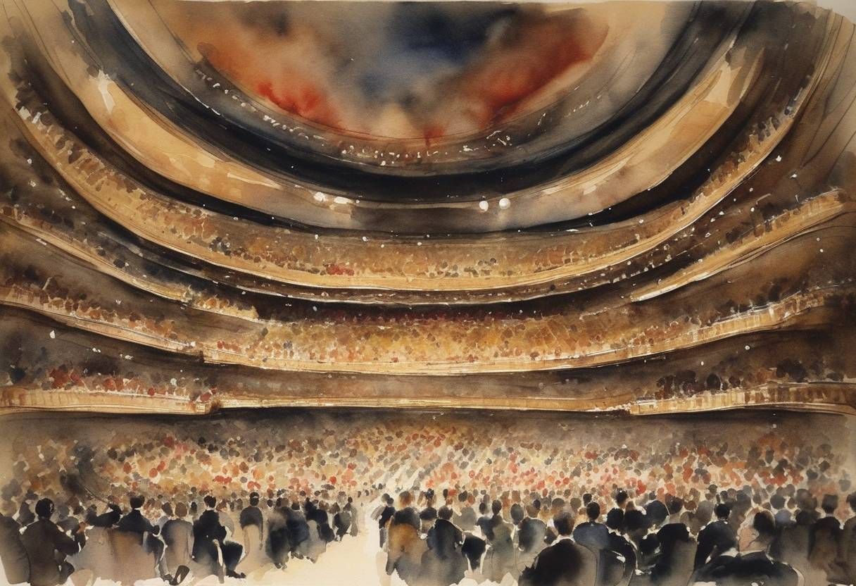 Watercolor painting based depiction of The premier performance of Ravel's 'Boléro' took place at the Paris Opera. The composition is known for its unique orchestration and repetitive melody. (1928)