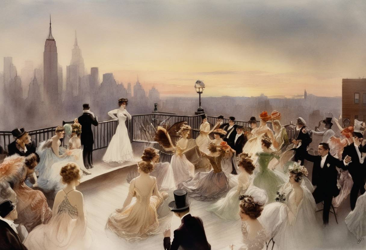 Watercolor painting based depiction of The first Ziegfeld Follies is staged on the rooftop of the New York Theater. (1907)