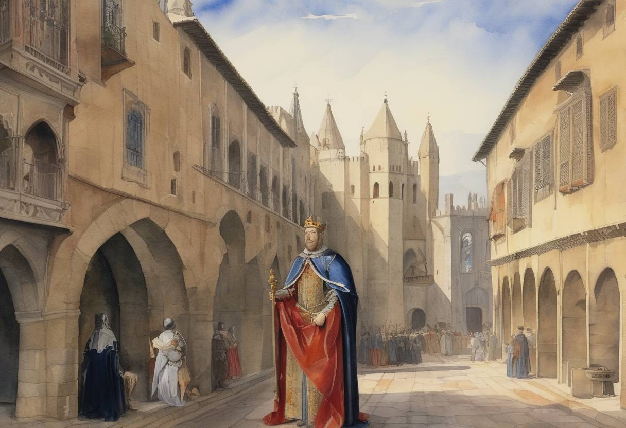 Watercolor painting based depiction of Philip III, King of France, known as Philip the Bold, died in Perpignan and was succeeded by his son Philip IV, known as Philip the Fair. This transition marked a continuation of the consolidation of royal power in France. (1285)