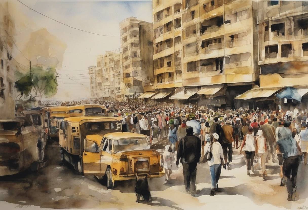Watercolor painting based depiction of The evacuation of foreign nationals from Lebanon continued due to the ongoing conflict between Israel and Hezbollah during the 2006 Lebanon War. (2006)
