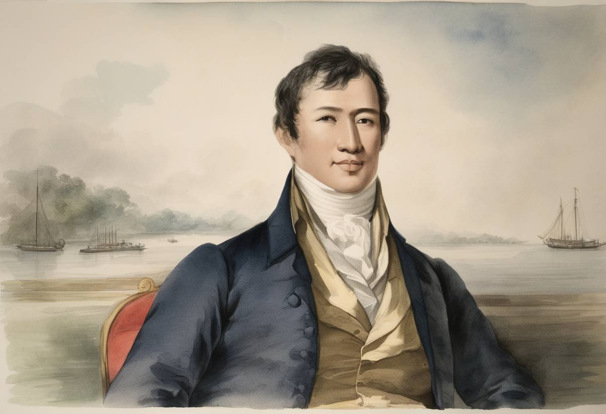 Watercolor painting based depiction of Sir Thomas Stamford Raffles founded Singapore. (1819)
