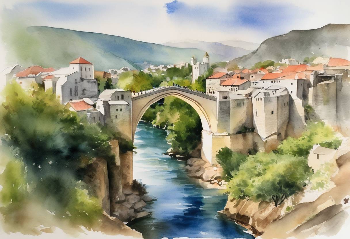 Watercolor painting based depiction of Stari Most, a 16th-century bridge in Mostar, Bosnia and Herzegovina, is destroyed by Croat forces during the Bosnian War. (1993)