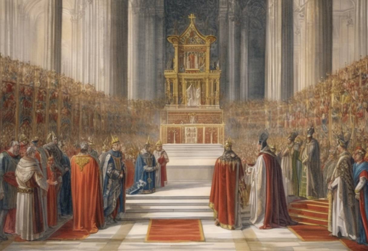 Watercolor painting based depiction of Henry V, Holy Roman Emperor, forced Pope Paschal II to issue the Privilegium Constitutum, granting him special privileges over the appointment of church officials in the Holy Roman Empire. (1111)