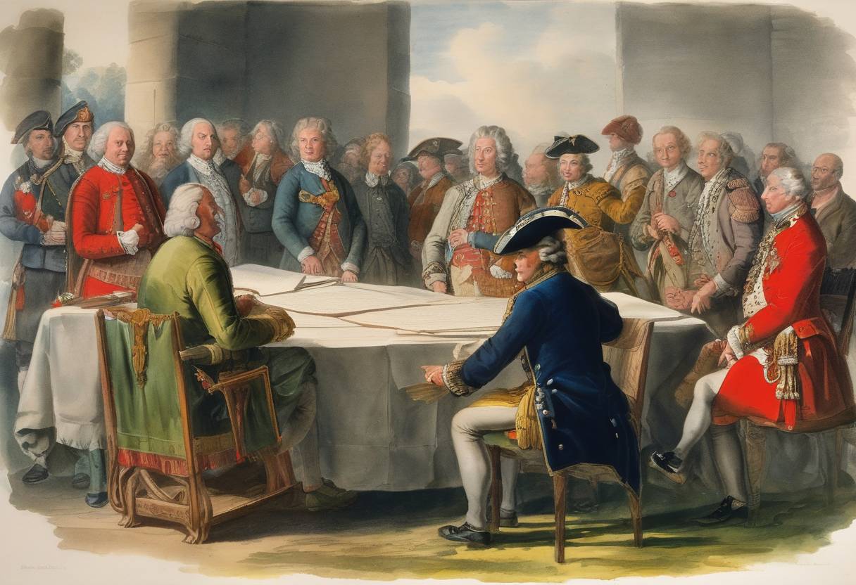 Watercolor painting based depiction of The Treaty of Föhrenwald was signed, marking the end of a longstanding dispute involving the Electorate of Bavaria. This treaty resolved territorial differences between Bavaria and the Habsburg Monarchy, contributing to more stable relations within the Holy Roman Empire. (1764)