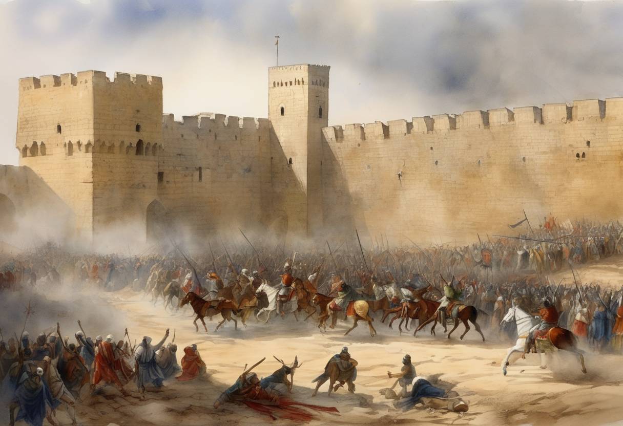 Watercolor painting based depiction of The Massacre at Ayyadieh occurred during the Third Crusade when King Richard I of England ordered the execution of over 2,000 Muslim prisoners after negotiations for a prisoner exchange broke down. (1191)