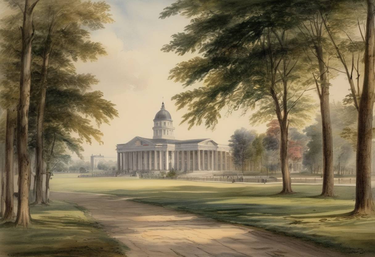 Watercolor painting based depiction of The first class of what will later be known as the U.S. Naval Academy graduated. The institution was initially established as the Naval School in 1845 in Annapolis, Maryland, to provide more effective training to midshipmen. (1854)