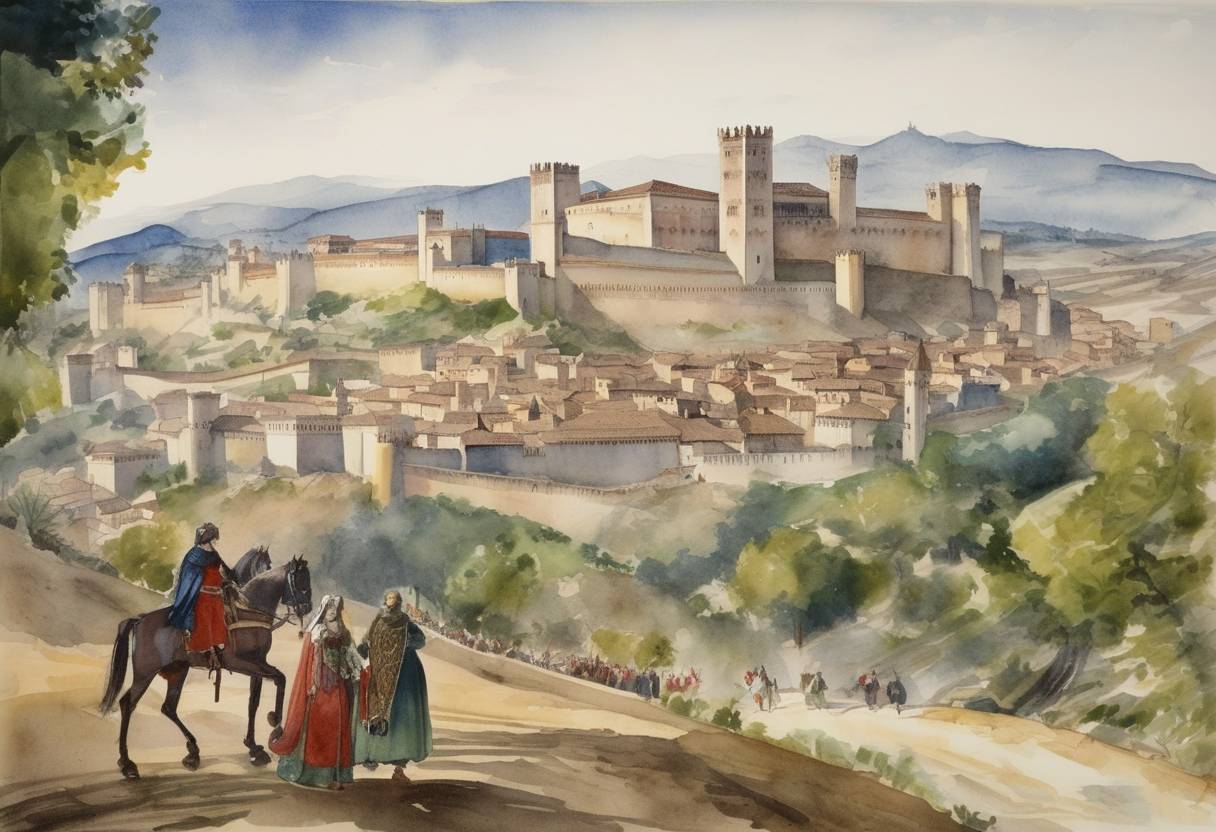 Watercolor painting based depiction of Ferdinand and Isabella entered Granada, completing the Reconquista of Spain. (1492)