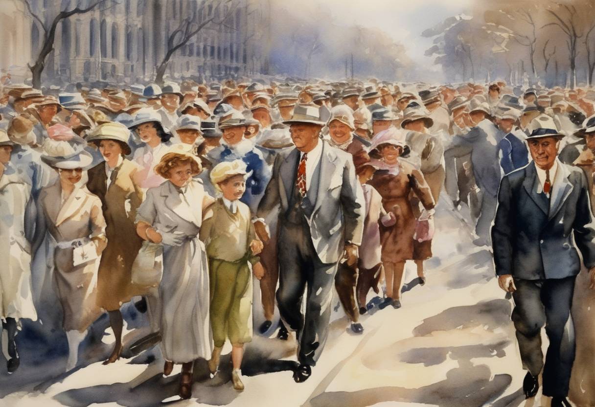 Watercolor painting based depiction of The March of Dimes was established by President Franklin D. Roosevelt as the National Foundation for Infantile Paralysis, aimed at combating polio. (1938)