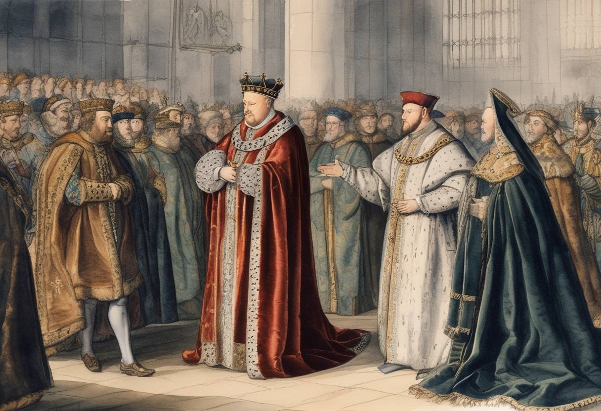 Watercolor painting based depiction of Henry VIII is recognized as the Supreme Head of the Church of England following the enactment of the Act of Supremacy. (1531)