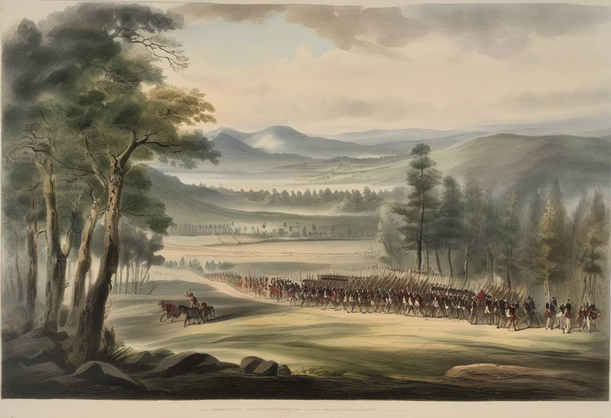 Watercolor painting based depiction of The British, led by Sir Alexander Cochrane, attacked Fort Warburton during the War of 1812, contributing to the Washington Campaign. (1814)