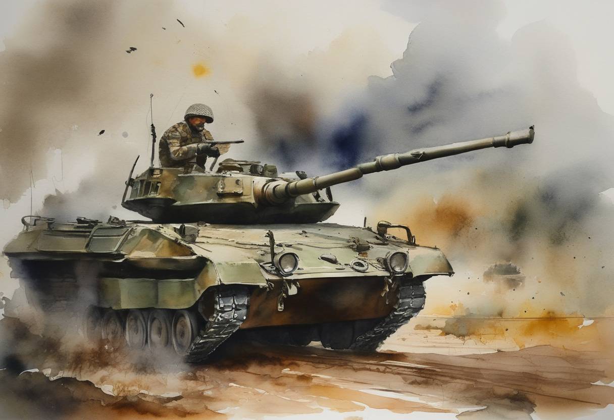 Watercolor painting based depiction of India's defense deal with Russia during the Ukraine invasion comes under scrutiny by global actors, including the United States, as India's ongoing military relationship with Russia diverges from Western sanctions. (2022)