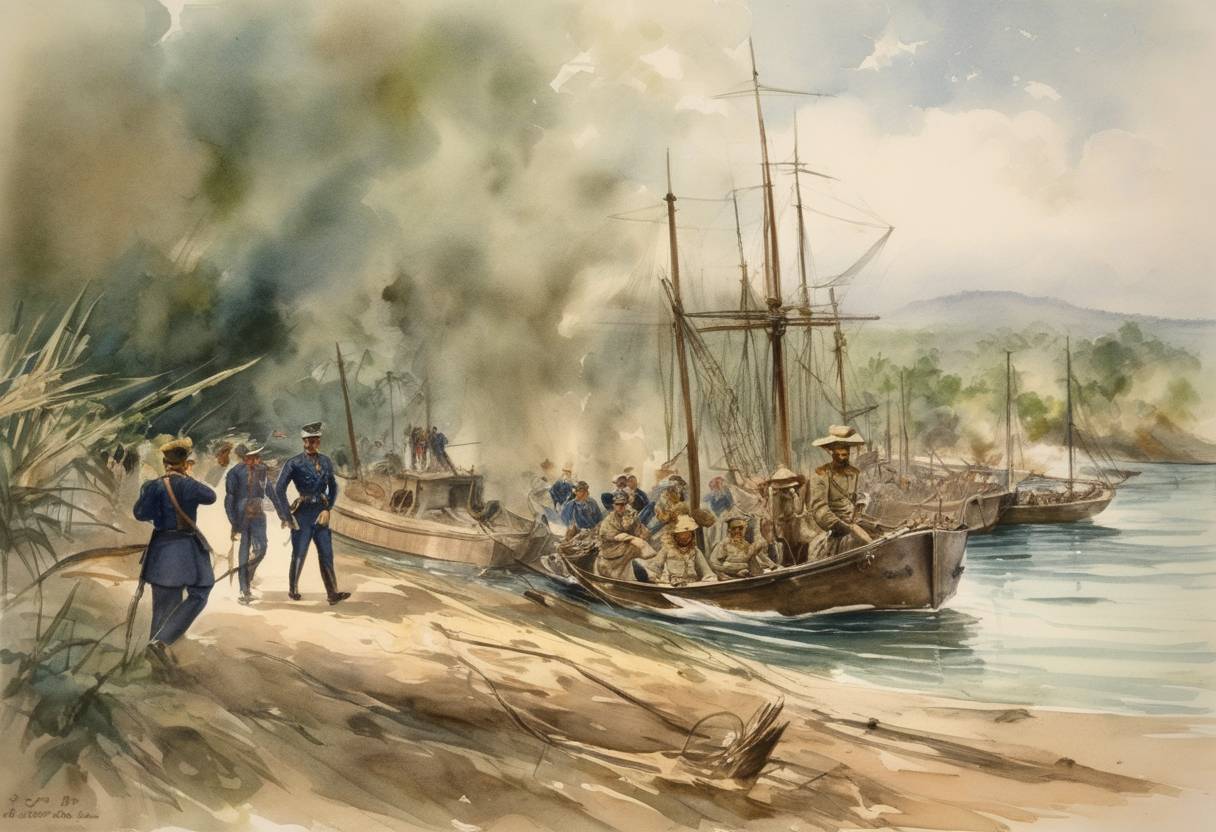 Watercolor painting based depiction of During the Spanish-American War, the United States forces land in Cuba. (1898)