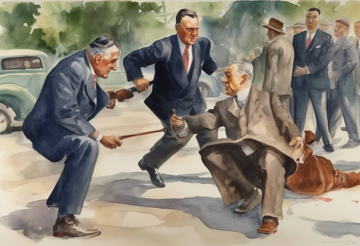Watercolor painting based depiction of Giuseppe Zangara attempts to assassinate U.S. President-elect Franklin D. Roosevelt but instead fatally wounds Chicago Mayor Anton Cermak, who dies several weeks later. (1933)