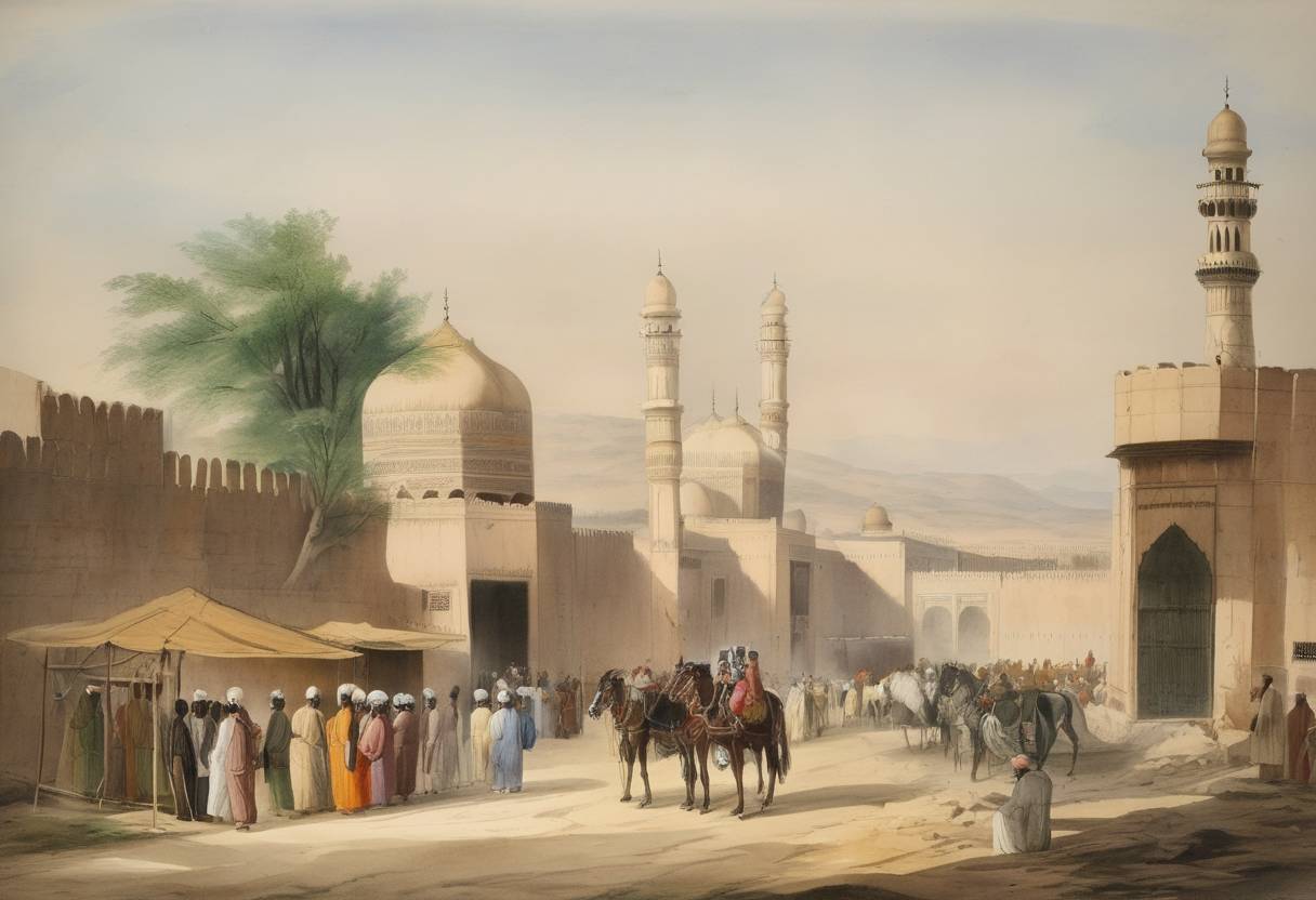 Watercolor painting based depiction of A treaty known as the Khas Buland Treaty was signed in Afghanistan between the Kingdom of Punjab and the Emirate of Afghanistan, concerning the control of the region of Peshawar. (1839)