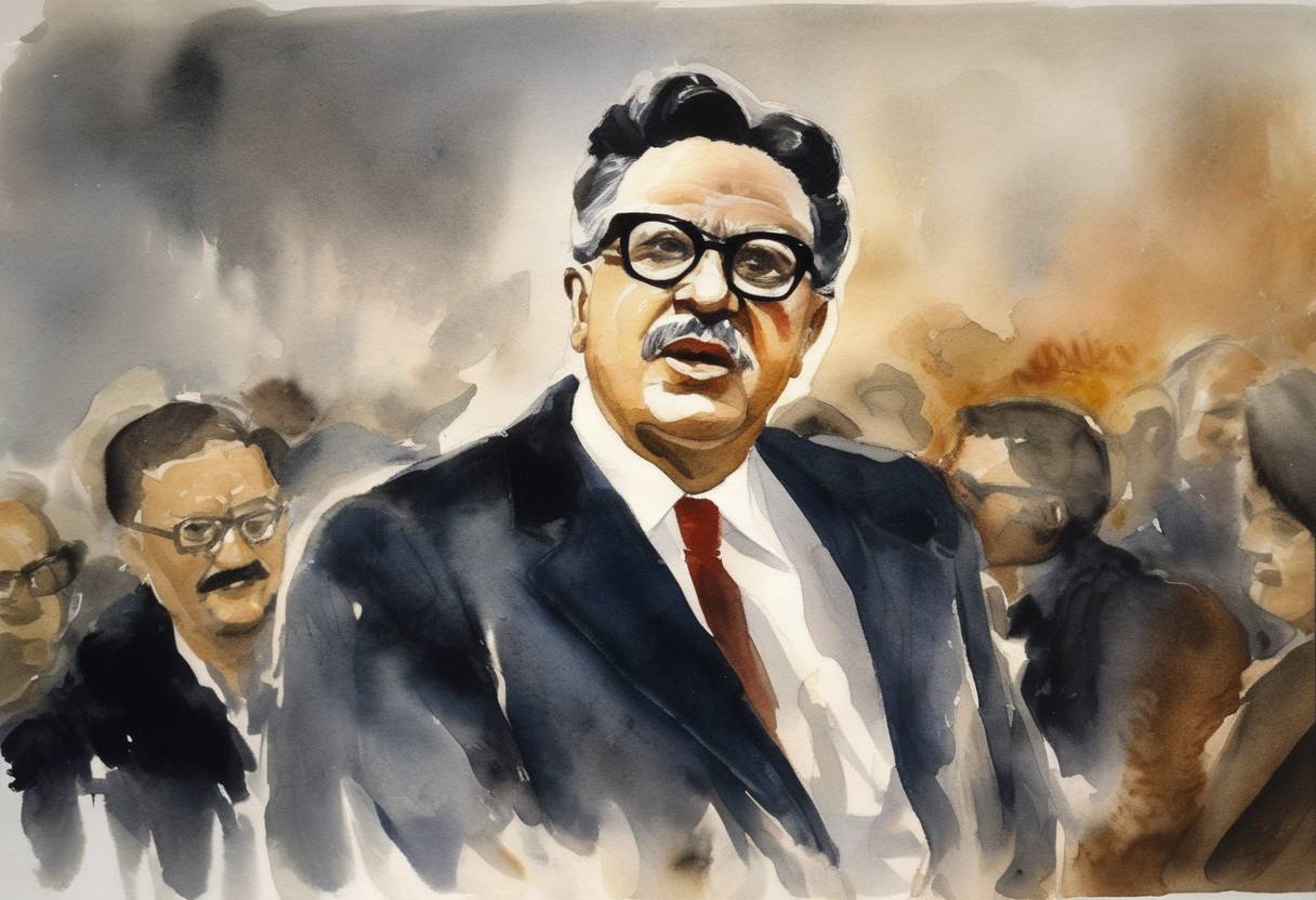 Watercolor painting based depiction of Salvador Allende of the Popular Unity party is elected the first Marxist President of Chile, marking a shift in Chilean politics. (1970)