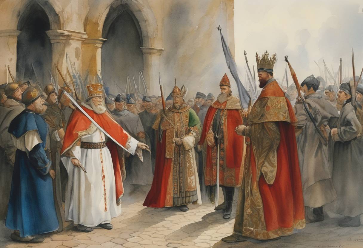 Watercolor painting based depiction of The Livonian Brothers of the Sword, a military order, are dissolved by Pope Clement IV. (1268)
