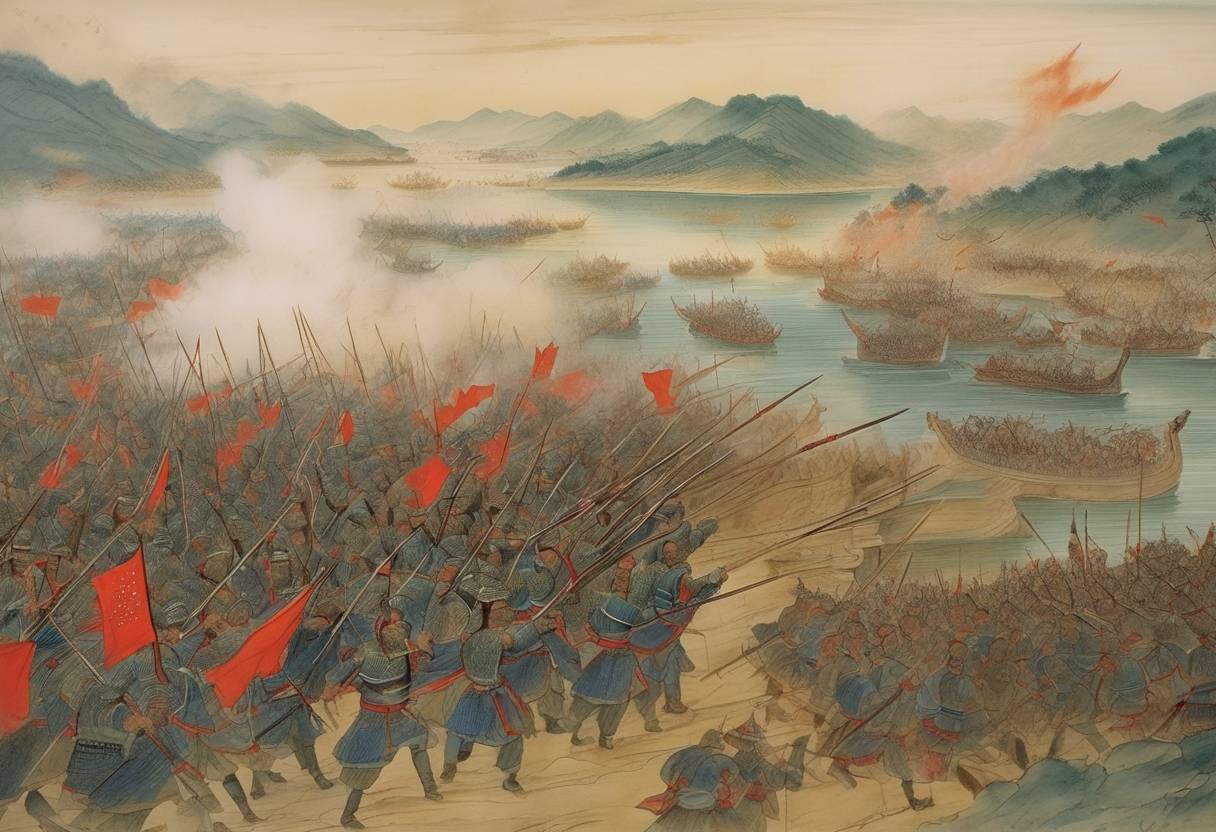 Watercolor painting based depiction of Battle of Lake Poyang: Decisive confrontation during the transitional period at the end of the Yuan Dynasty in China where the Ming forces under Zhu Yuanzhang defeated the Han forces. (1363)