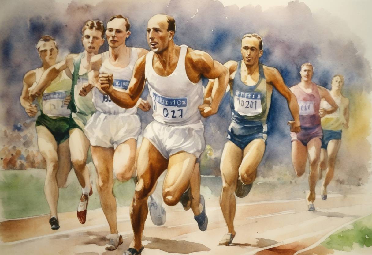 Watercolor painting based depiction of Eric Liddell wins the gold medal in the 400 meters event at the Paris Olympics. (1924)