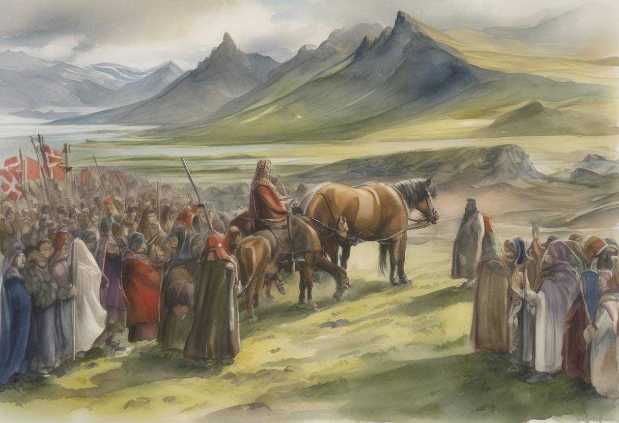Watercolor painting based depiction of The Christianizing of Iceland by royal decree of King Olaf I of Norway is in motion around this date, marking the beginning of Iceland's shift to Christianity. (1000)