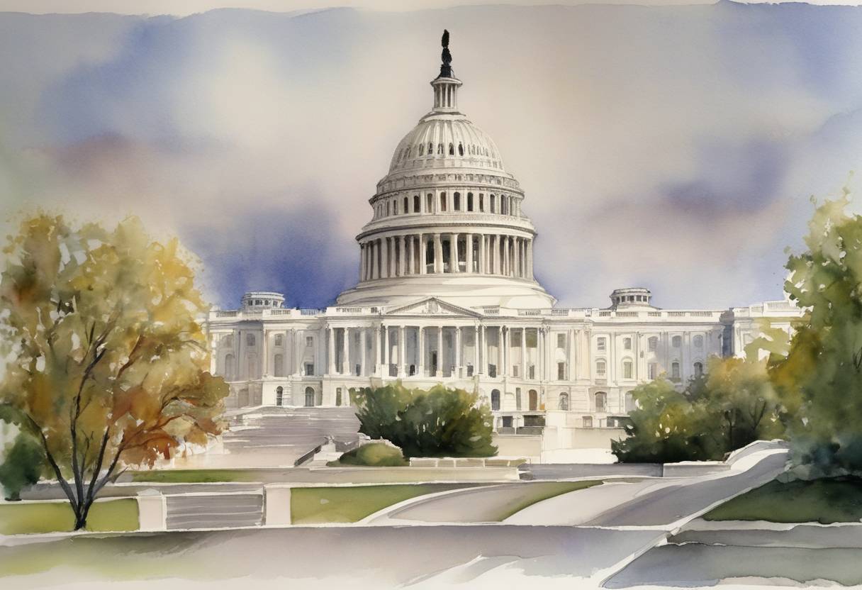Watercolor painting based depiction of The United States Senate passed the Economic Growth and Tax Relief Reconciliation Act of 2001, which was a major piece of tax legislation that provided for income tax cuts. (2001)