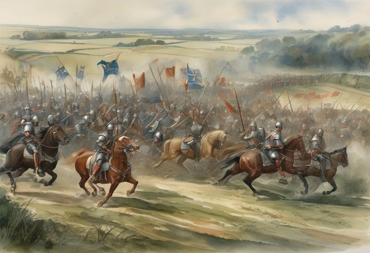 Watercolor painting based depiction of The Battle of Tinchebray was fought between Henry I of England and his brother Robert Curthose, Duke of Normandy, resulting in an important victory for Henry and the capture of Robert, bringing Normandy under English control. (1106)