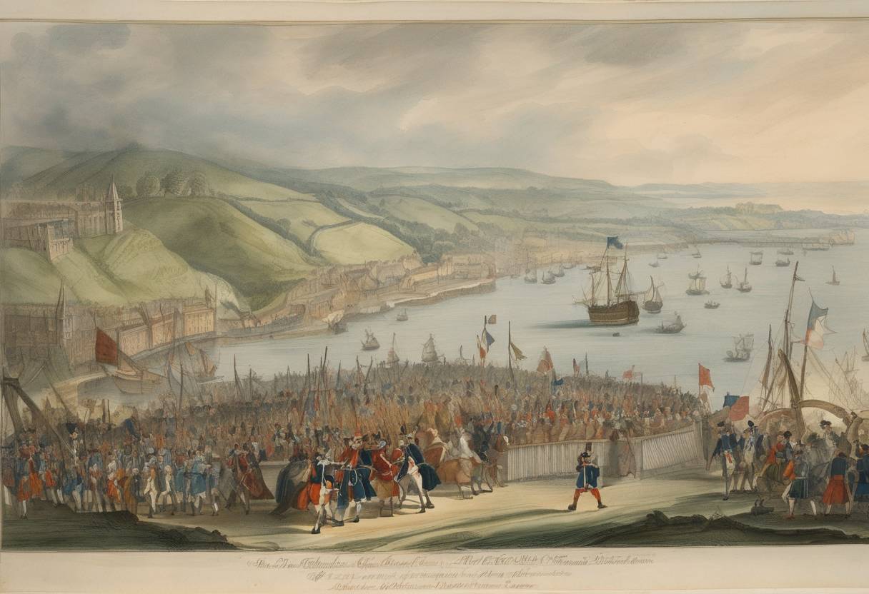 Watercolor painting based depiction of The Treaty of Dover, a secret treaty between England and France, is signed in Dover. It outlined plans for England's support of France's wars against the Dutch Republic and the conversion of England to Roman Catholicism. The treaty had significant political implications for England and its future relationship with France as well as religious consequences for the English populace. (1670)