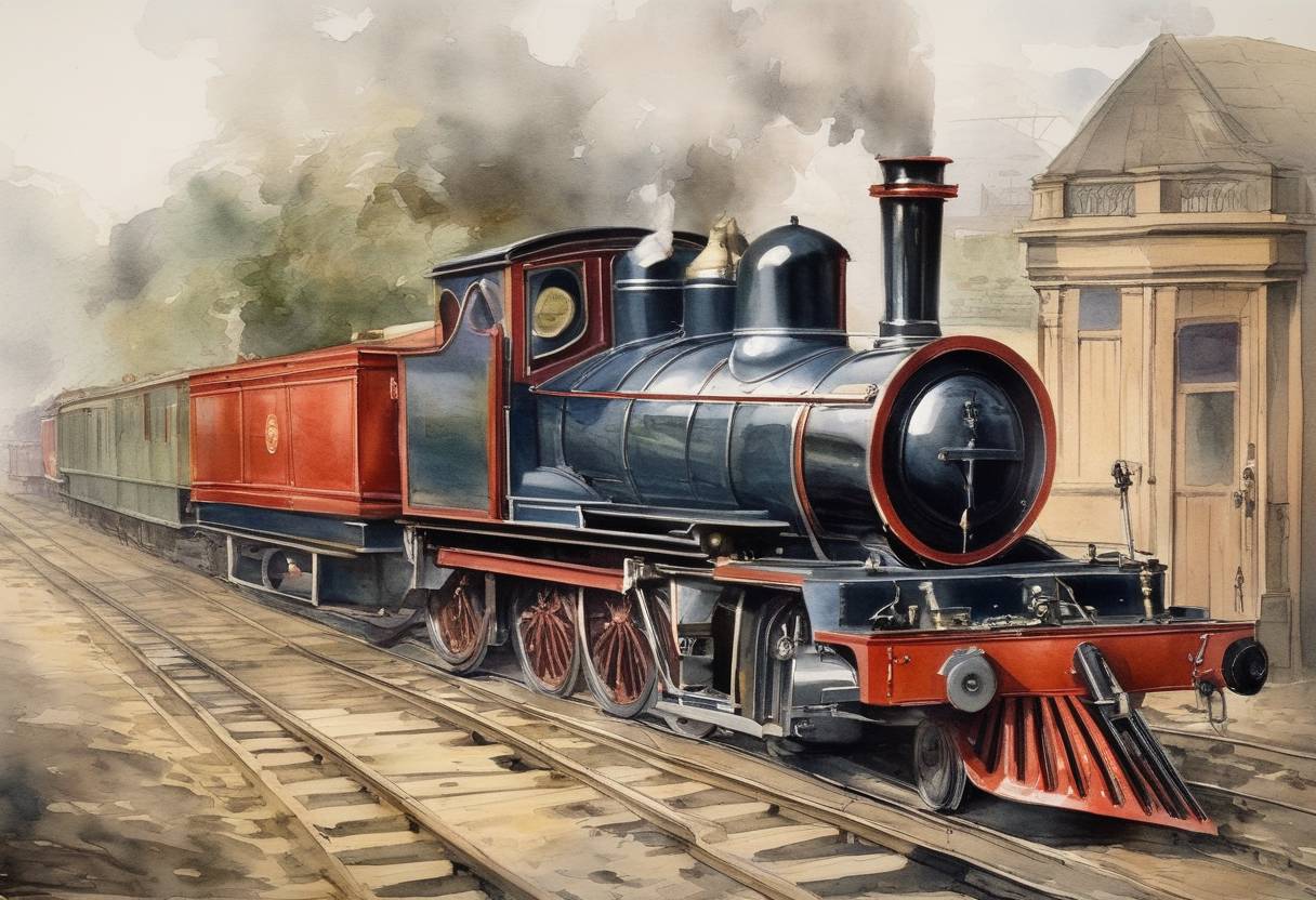 Watercolor painting based depiction of The first railway designs for the 3-foot gauge steam train known as the Salvation Army Railway are patented by General Booth. (1885)