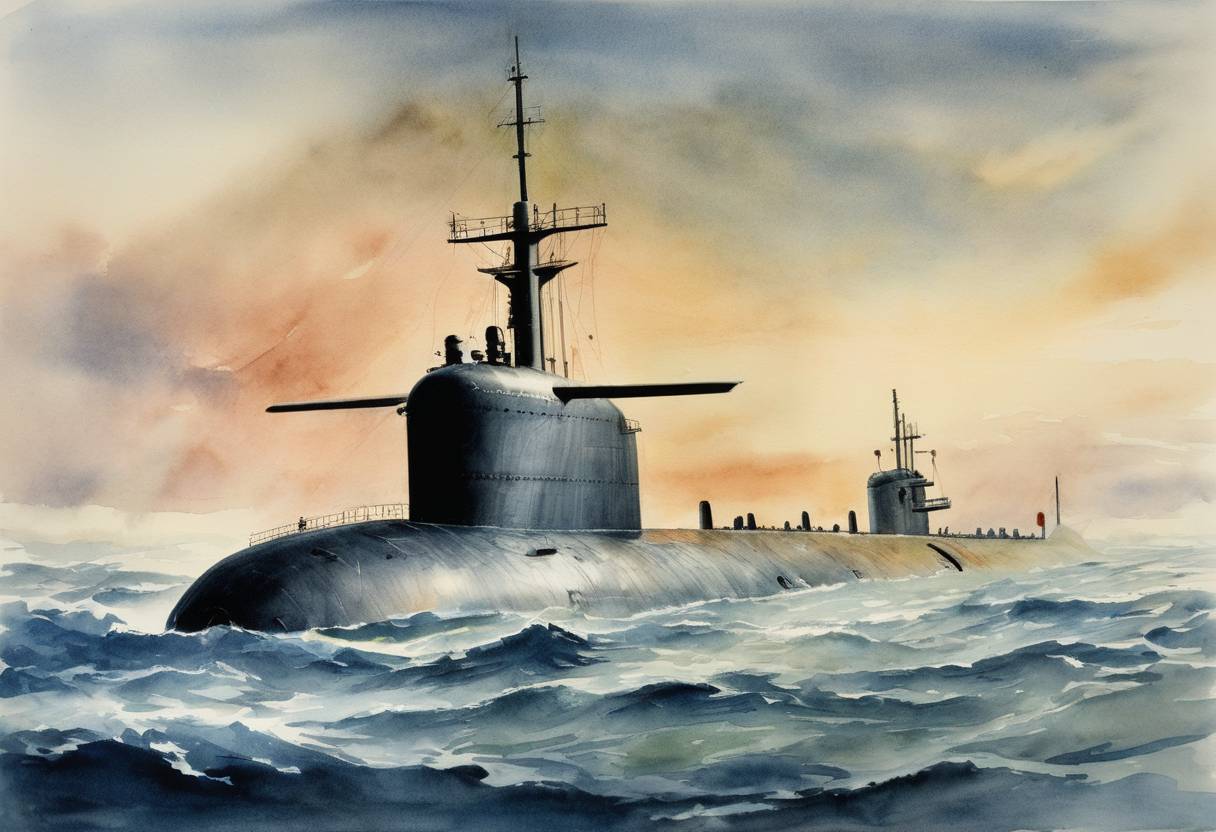 Watercolor painting based depiction of The nuclear submarine USS Triton completes the first submerged circumnavigation of the globe. (1960)