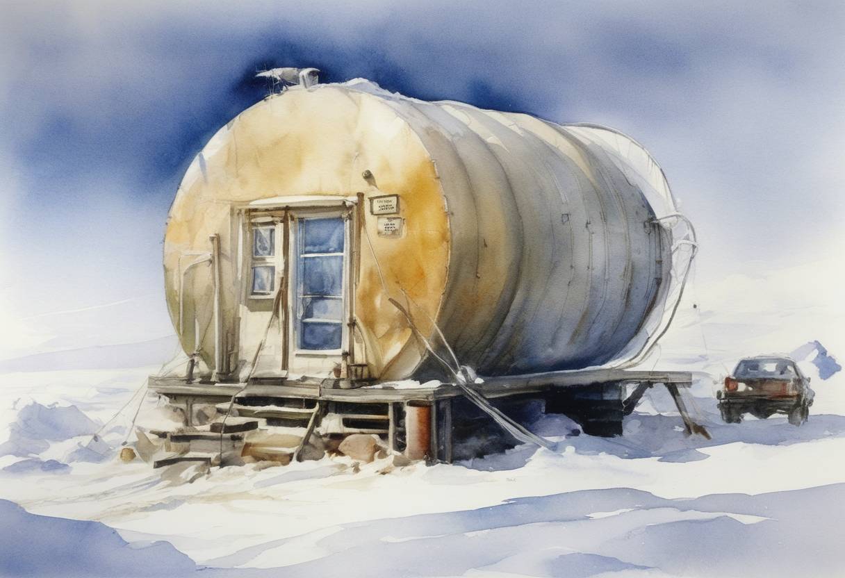 Watercolor painting based depiction of The lowest temperature on Earth was recorded at Vostok Station, Antarctica, at −89.2°C (−128.6°F). (1983)