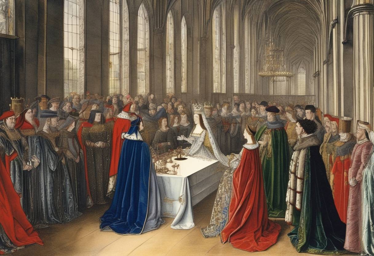 Watercolor painting based depiction of Louis XII of France marries Anne of Brittany in a ceremony held at the Château de Nantes, thereby strengthening personal ties and political alliances between the French crown and the Duchy of Brittany. (1499)