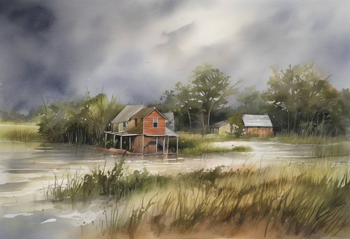Watercolor painting based depiction of Hurricane Rita made landfall as a Category 3 hurricane at the Texas-Louisiana border, causing major flooding and damage. (2005)