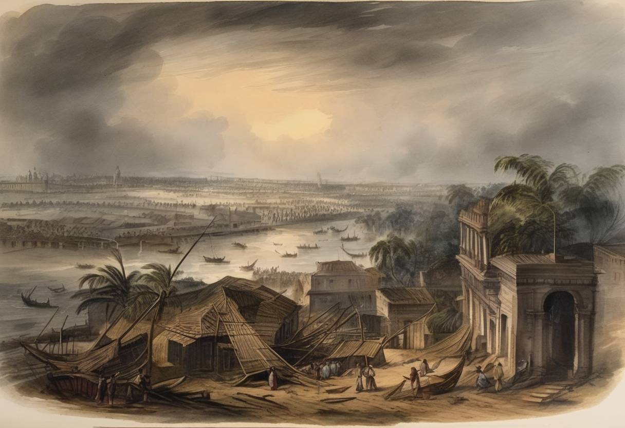 Watercolor painting based depiction of A devastating cyclone hit the city of Calcutta (now Kolkata) in India, resulting in significant loss of life and substantial damage. (1737)