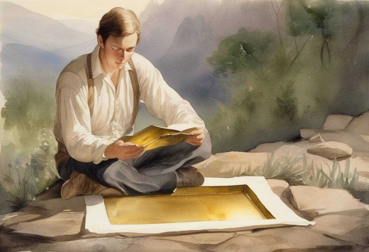 Watercolor painting based depiction of Joseph Smith claimed to have discovered the golden plates, which would later be translated into the Book of Mormon. (1823)