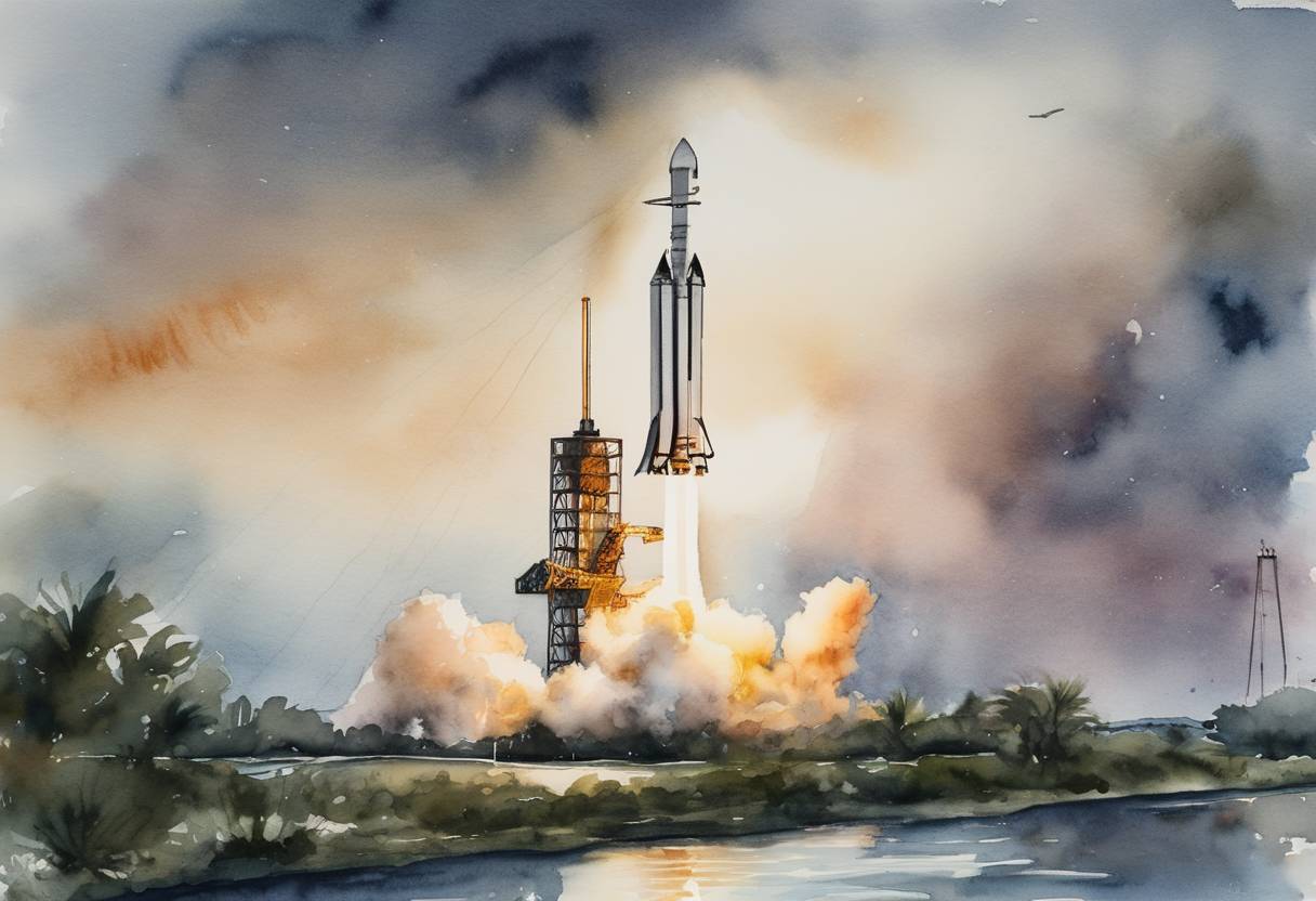 Watercolor painting based depiction of SpaceX launched the Inspiration4 mission, the first all-civilian spaceflight, marking a significant milestone in private space exploration. The mission was commanded by Jared Isaacman and included a three-day orbit around Earth. (2021)