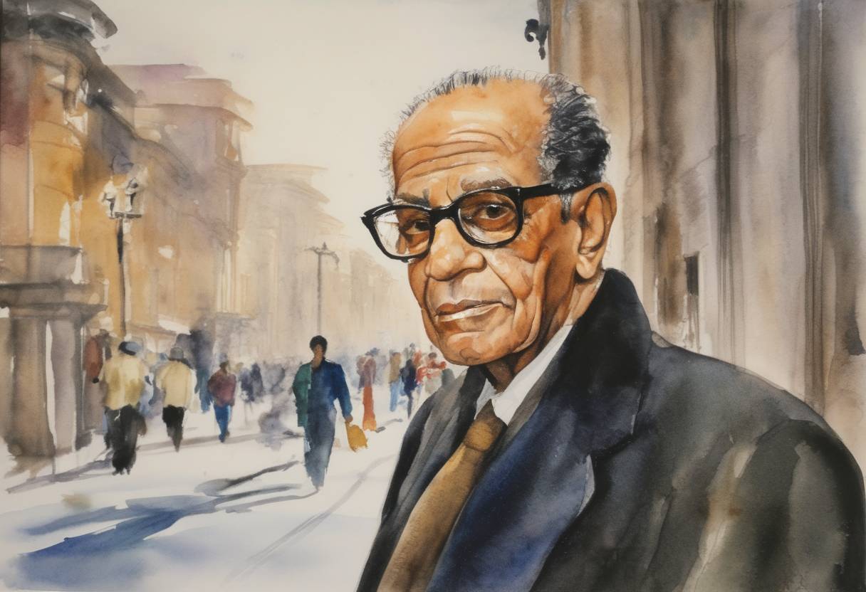 Watercolor painting based depiction of Naguib Mahfouz, an Egyptian writer regarded as one of the first contemporary writers of Arabic literature, was awarded the Nobel Prize in Literature. (1994)