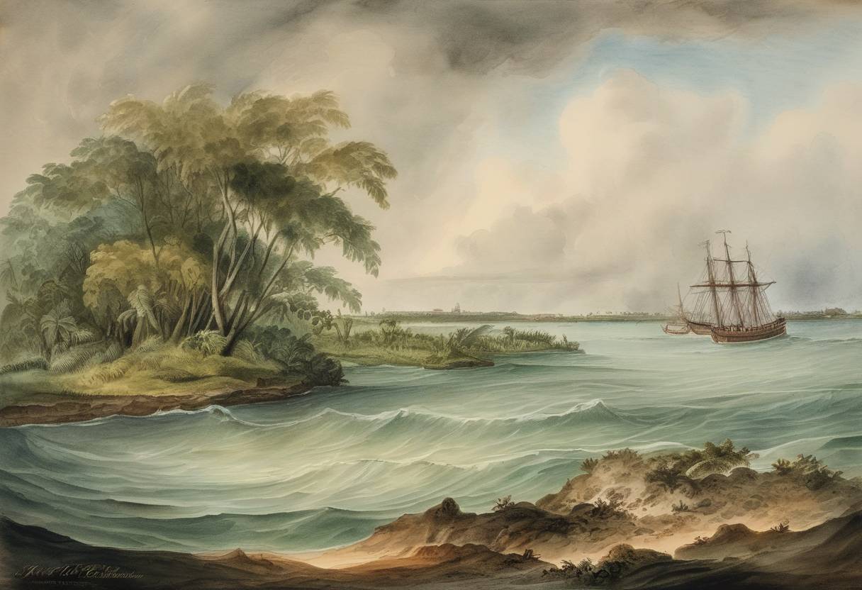 Watercolor painting based depiction of The Nassau County, intensively submerged during the hurricane impact, reshaped the local geography forever. (1794)