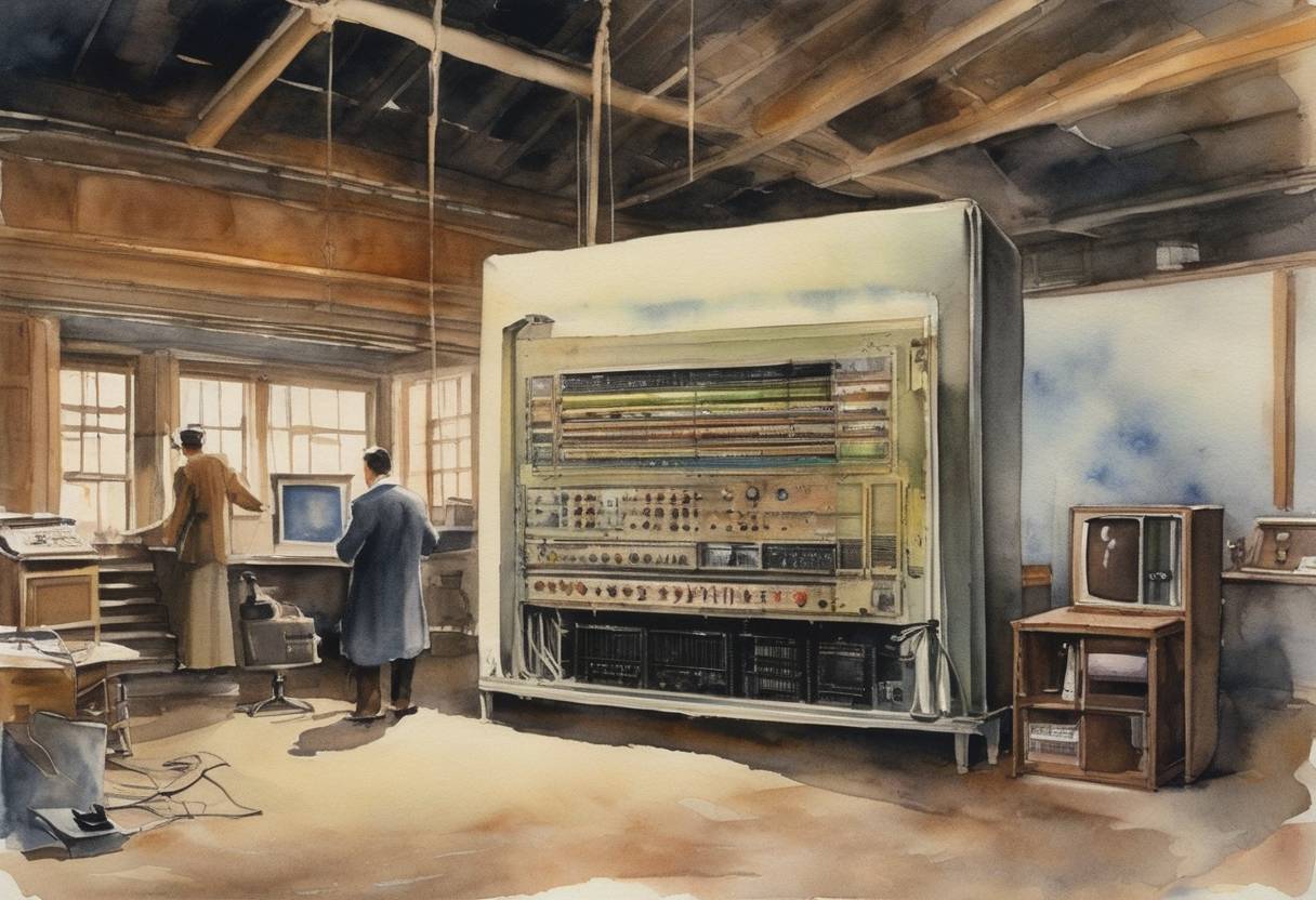 Watercolor painting based depiction of KC2XAK of Bridgeport, Connecticut becomes the first ultra high frequency (UHF) television station to begin regular transmission, marking a significant advancement in television technology and broadcasting. (1949)