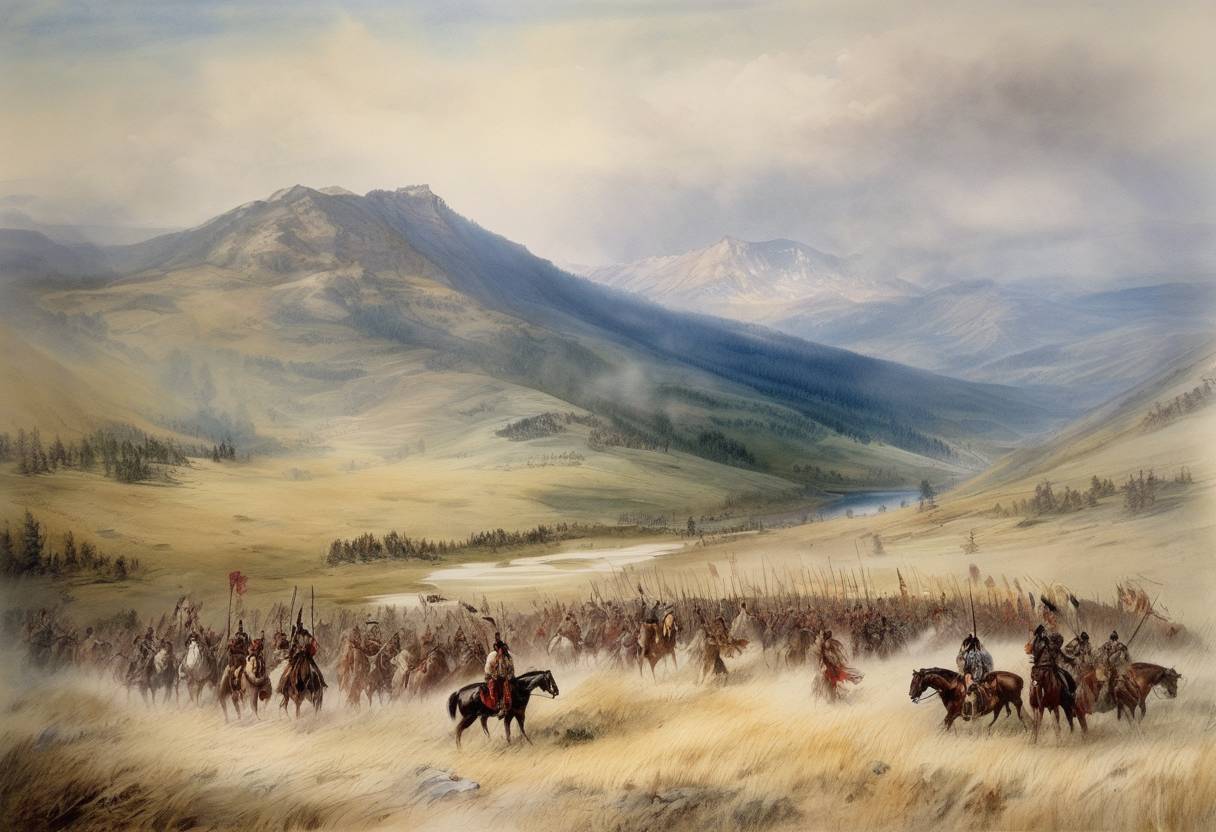 Watercolor painting based depiction of Following the Nez Perce War, Chief Joseph and his people were captured at Bear Paw Mountain, ending their flight towards Canada. (1877)