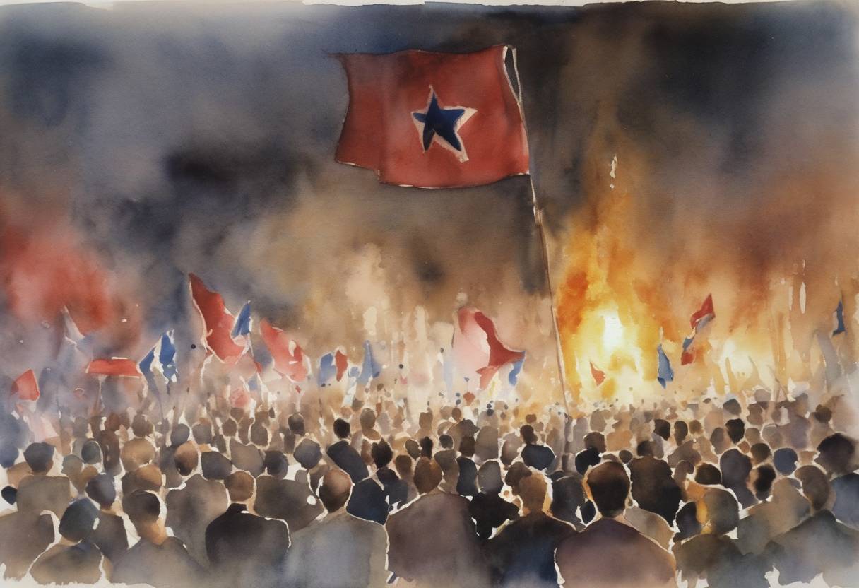 Watercolor painting based depiction of The opposition party in Serbia declared victory in the Yugoslav presidential election after mass protests led to the resignation of Slobodan Milošević. (2000)