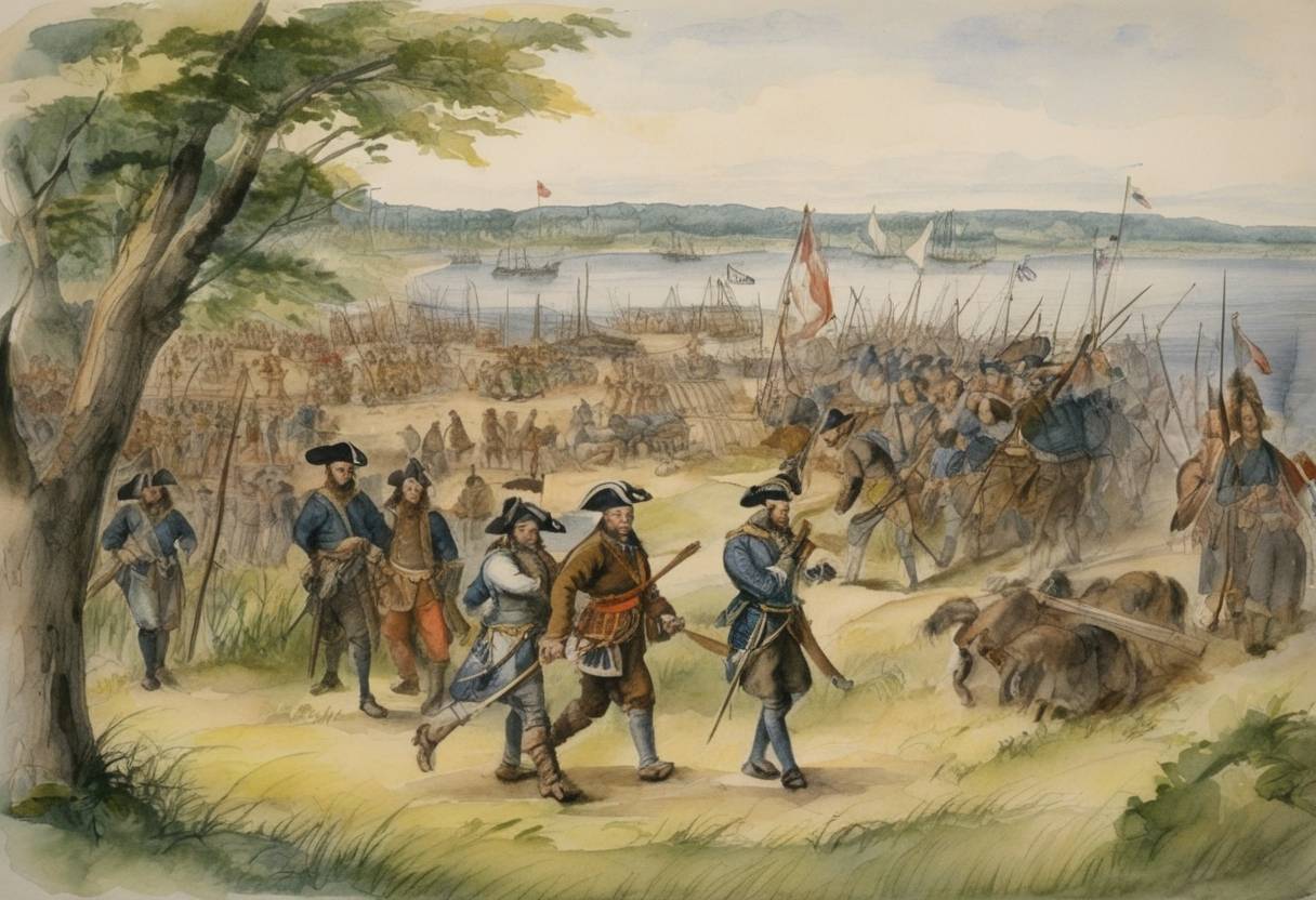 Watercolor painting based depiction of The Massachusetts Bay Colony organizes three militia regiments to defend the colony against the Pequot Indians, which is considered the founding of the National Guard of the United States. (1636)