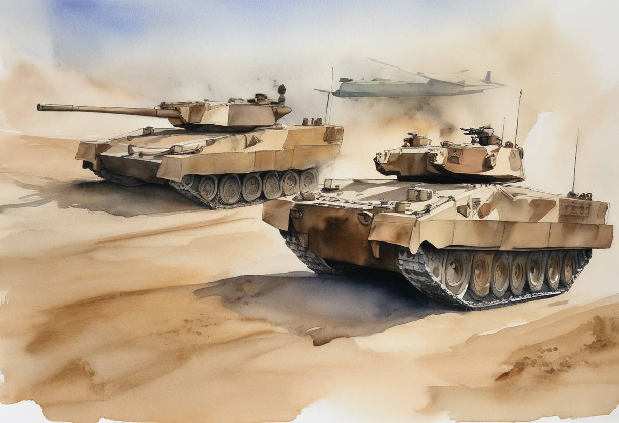 Watercolor painting based depiction of France and Qatar signed a strategic partnership deal with a potential value of $4 billion for the sale of French armored vehicles and fighter jets to Qatar. (2018)