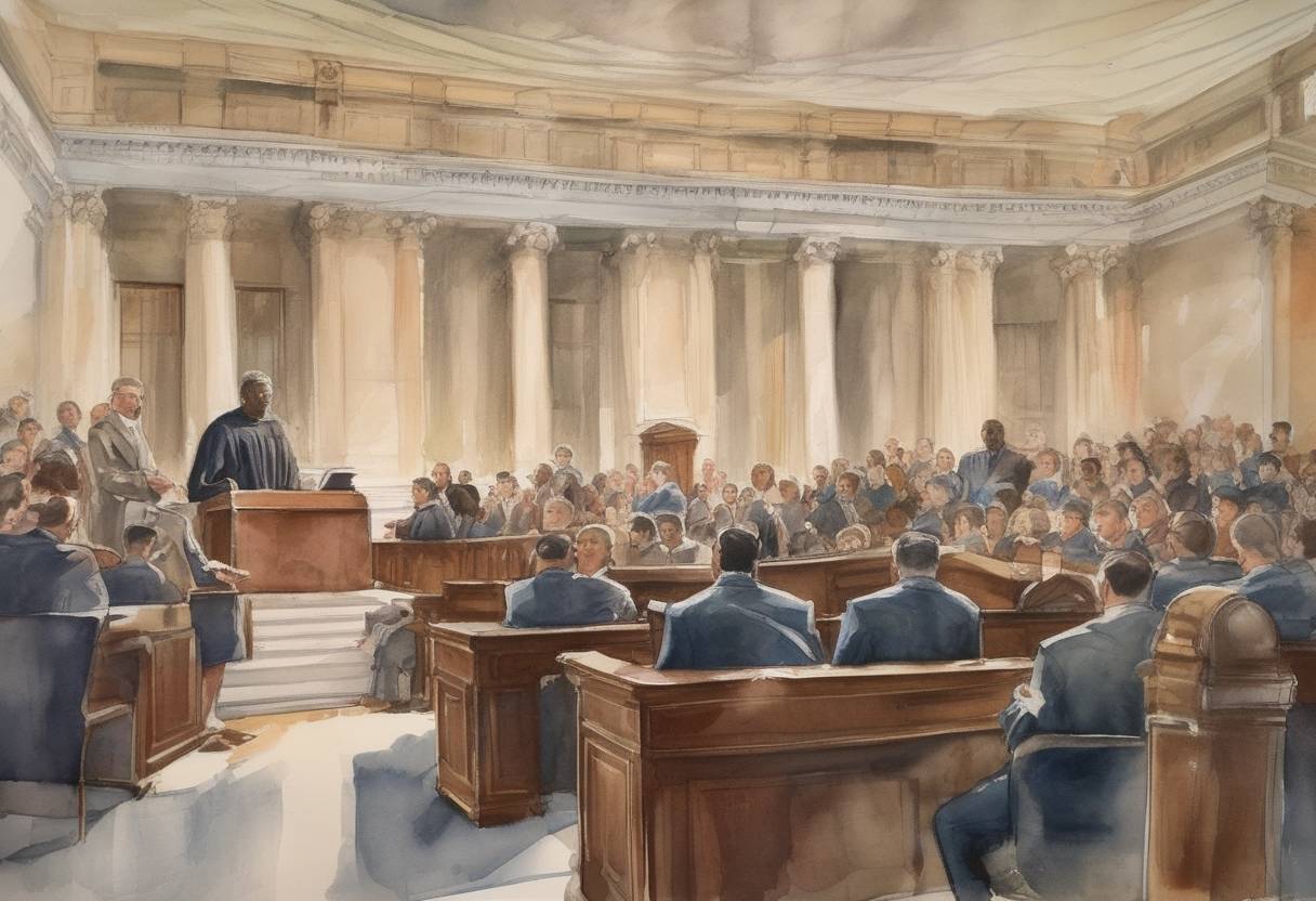 Watercolor painting based depiction of The United States Supreme Court ruled in McCollum v. Board of Education that religious instruction in public schools is unconstitutional. (1948)