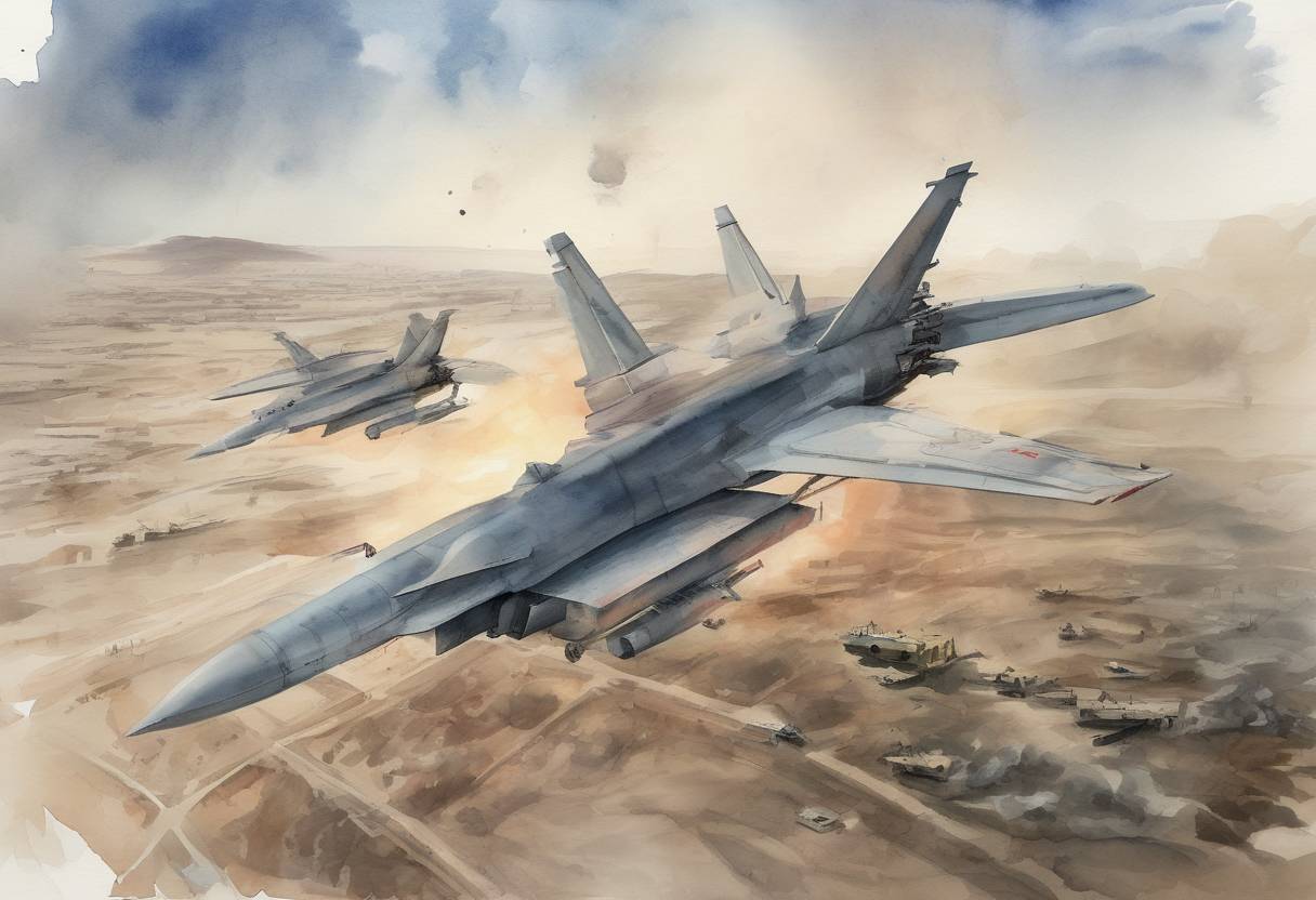 Watercolor painting based depiction of The United States launched 59 Tomahawk cruise missiles at the Shayrat Airbase in Syria in response to a chemical weapons attack on civilians in Khan Shaykhun, which was attributed to the Syrian government. This marked the first direct American military action against the Syrian government during the Syrian Civil War. (2017)