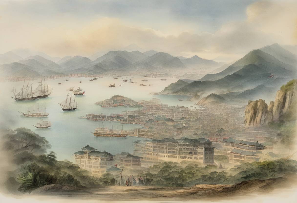 Watercolor painting based depiction of Hong Kong Island was occupied by the British during the First Opium War, leading to its eventual cession to Britain and becoming a significant colonial outpost. (1841)