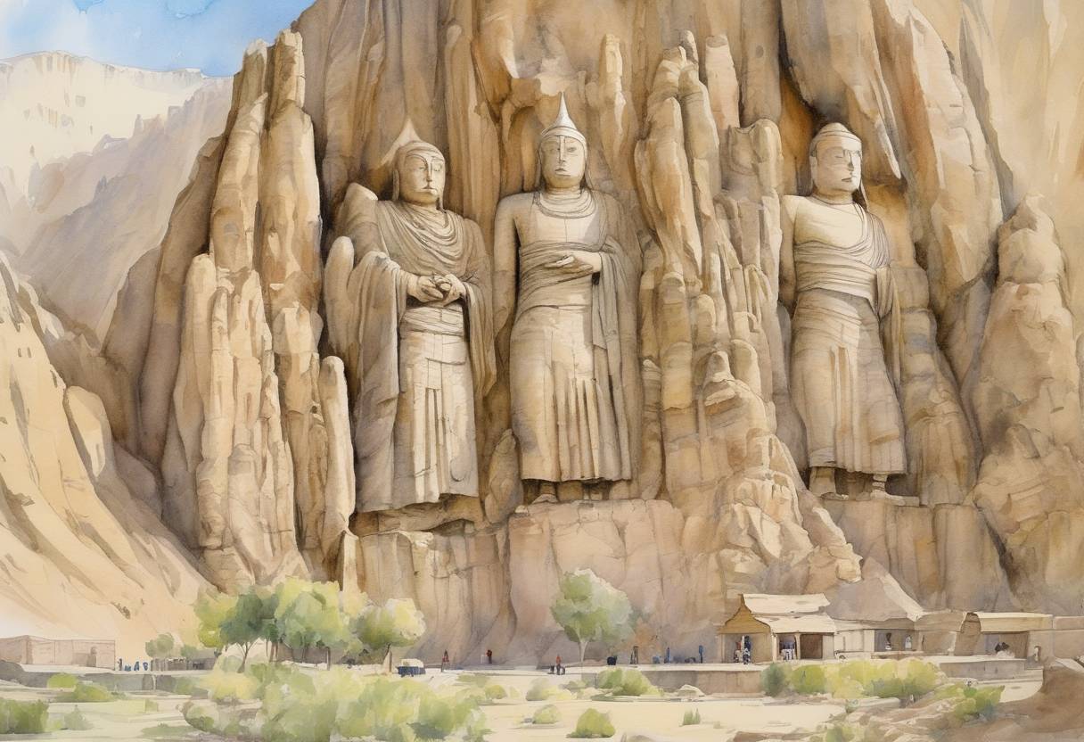 Watercolor painting based depiction of The Taliban destroyed two giant Buddha statues in Bamiyan, Afghanistan, which were carved into the side of a cliff in the Bamiyan Valley and dated back to the 6th century. (2001)