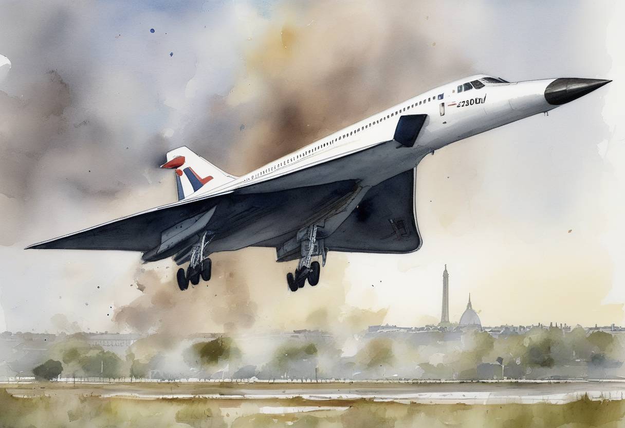 Watercolor painting based depiction of A Concorde jet crashes shortly after takeoff from Charles de Gaulle Airport in Paris, killing all 109 people on board and four people on the ground. (2000)